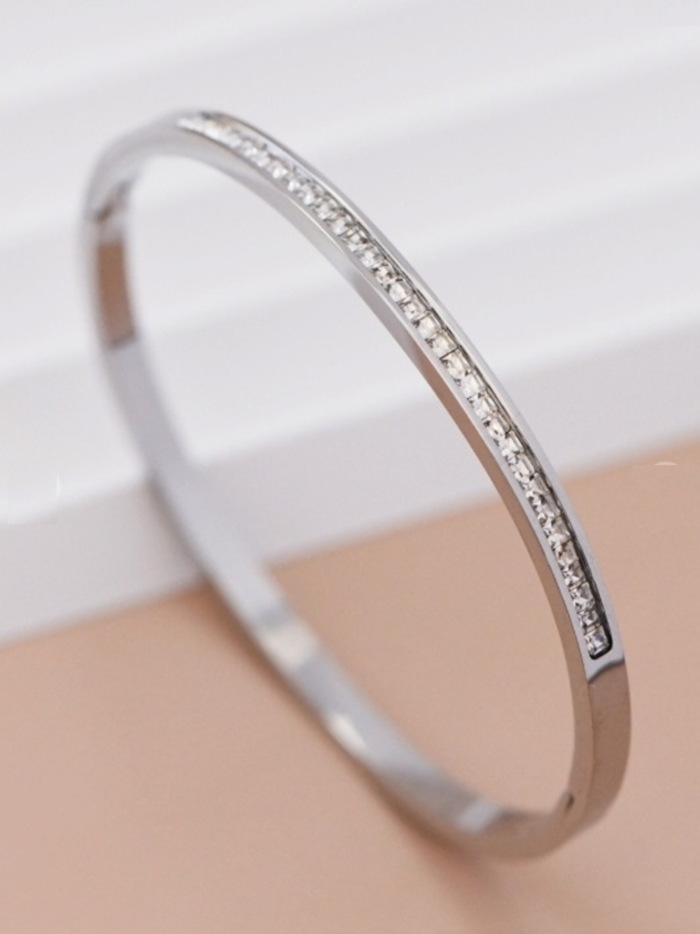 Classic Silver Crystal-Accented Bangle Bracelet - Women Jewelry